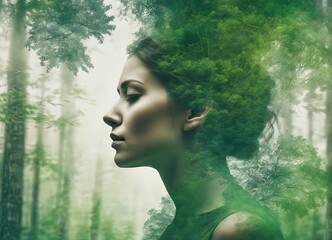 Poster - young woman with a beautiful hairstyle in forest young woman with a beautiful hairstyle in forest beautiful young woman in the forest