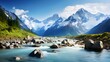 Panoramic view of a mountain river with a glacier in the background