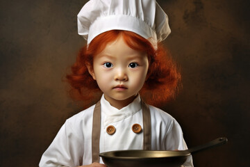 Wall Mural - A young girl wearing a chef's hat holds a frying pan. This image can be used to depict cooking, culinary skills, or children in the kitchen.