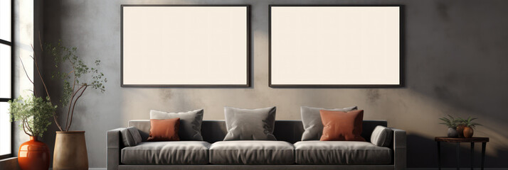 Wall Mural - Part of interior mockup, sofa near wall, empty picture frames, light and shadow from window, banner