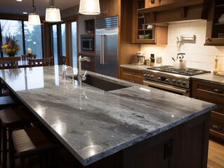 Wall Mural - Selected focused on kitchen cabinets that use granite as a table top. Granite is cut to cabinet size. Bokeh background. 
