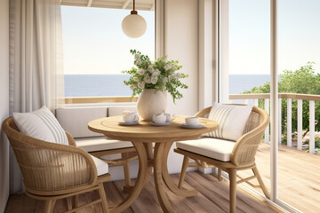 Wall Mural - A breezy coastal dining nook, with a round wooden table, white wicker chairs, and nautical tableware