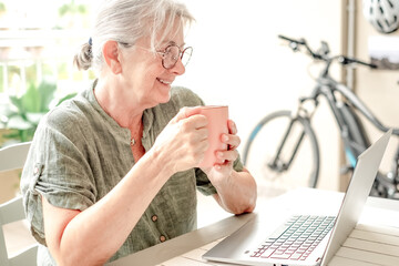 Wall Mural - Happy mature senior retired woman holding a coffee cup sitting outdoors on terrace using laptop technology for online connection