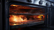 fiery oven with a burnt meal inside, cooking fail, flame cooked, domestic danger prevention 