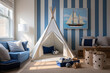 A coastal Kid's playroom, with a blue and white striped play tent, beachy toys, and nautical wall decals, Interior of a Fun Kindergarten Playground