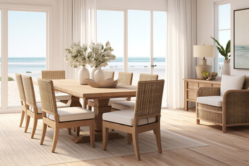 Wall Mural - A cozy coastal dining room with a wooden dining table, woven dining chairs, and a sea beach view.