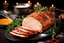 Christmas Turkey Ham Roasted For Festive Dinner Table. Meat Dish, Festive Dinner.