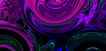 Bright Fluid Neon Green Purple Pink Blue Wavy Line On Black Glitched Background. Abstract Liquid Swirl Wave. Art Trippy Digital Glitch Backdrop. Virtual Augmented Reality. NFT Card. XR