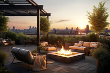 Industrial Rooftop Fireplace Terrace With Lounge Chairs, A Concrete Fire Pit, And A Large Metal Pergola Covered With Climbing Potted Plants