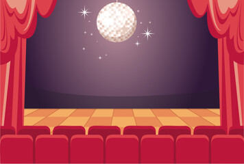 Cinema theatre audience stage with red curtain show time concept. Vector flat graphic design illustration