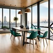 modern dining room with table, western style dining room, sea facing apartment, dining room with chairs table and chandeliers, dubai buildings and sea, minimalistic dining room, real estate