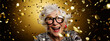 Eccentric elderly granny excited and celebrating New Year's eve countdown to midnight with gold tinsel confetti