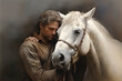 Image of man and horse expressing friendship. Animal. Illustration, Generative AI.