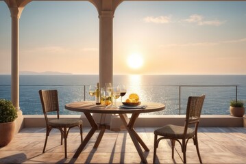 Wall Mural - Table on a terrace with two glasses of wine, fruits, sunshine, summer vibes vacation, sea in the background. Served table on a luxury villa with sea view