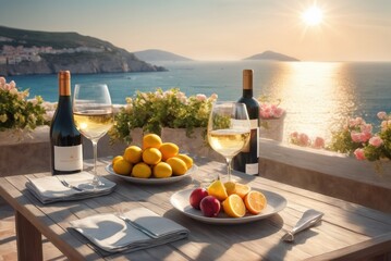 Wall Mural - Table on a terrace with two glasses of wine, fruits, sunshine, summer vibes vacation, sea in the background. Served table on a luxury villa with sea view