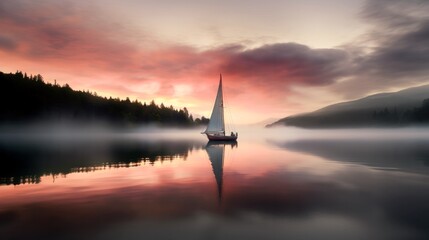 Wall Mural - sailboat on a misty lake