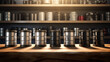© Halal Vision Studio - A row of film canisters with a clapperboard and film reel sitting on a wooden shelf