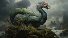 The Mythical Basilisk, With Its Rooster’s Head And Serpent’s Body, Stands Imposingly, A Symbol Of Dread And Power From Ancient Tales. Generative AI.