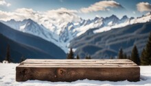 Empty Blank Rustic Old Wooden Podium Platform Stand With Snow Capped Mountains View Snowy Nature Background National Park Landscape Backdrop Outdoors Mockup Product Display Showcase Montage Natural