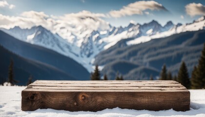 Empty Blank Rustic Old Wooden Podium Platform Stand with Snow Capped Mountains View Snowy Nature Background National Park Landscape Backdrop Outdoors Mockup Product Display Showcase Montage Natural