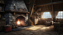 A Rustic Cabin Interior With Exposed Wooden Beams And A Stone Fireplace