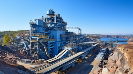 Manufacturing plant for cement on a mining quarry. Stones and gravel are loaded onto a conveyor belt by large equipment..