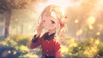 Wall Mural - anime pose beautiful happy and shy girl home uniform,bright garden background generative ai