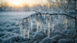 Frosty morning with icicles, frost-covered branches, and soft winter sunrise -generative ai