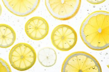 Wall Mural - Slices of fresh juicy yellow lemons on white background. Lime fruit cut texture. Citrus section pattern. Vibrant color summer design. Flat lay, top view