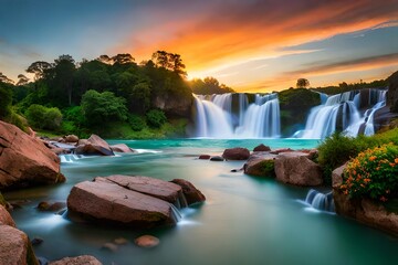 Poster - beautiful waterfall in forest 
waterfall with rose and flowers
waterfall background
waterfall scenery
waterfall in spring 