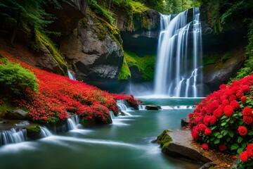 Poster - beautiful waterfall in forest 
waterfall with rose and flowers
waterfall background
waterfall scenery
waterfall in spring 