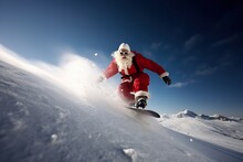 Santa Claus is snowboarding down the Mountain.