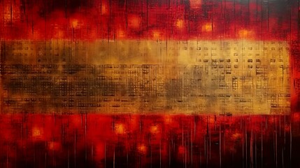 Red and gold shiny abstract painting on canvas, encaustic style with smooth golden surface. Copy space, banner, social media, business.