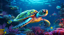 Sea Turtle Swimming In A Coral Reef With Colorful Fish. Bright Underwater Colors During A Snorkeling Vacation.  