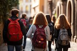 Fototapeta Londyn - Rear view of a group of students with backpacks walking on the street, Back view of a group of students with backpacks walking on the street, high school kids with school bags, AI Generated
