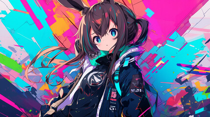 Wall Mural - cute anime style girl animal costume cyberpunk school uniform, with generative ai