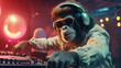 A jazzy monkey DJ,  swinging to the tunes in the club