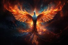 Beautiful Firebird On The Magical Background. Phoenix.Burning Bird. Mythical Creature. Legend. Fantasy Fiery Bird.Fairytale Wallpaper. Magic Postcard.