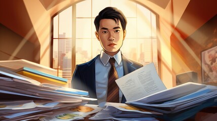 Fototapete - A person with financial statements and balance sheets, emphasizing financial transparency and accountability