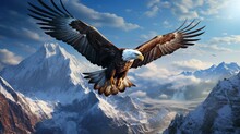  An Eagle Soaring Over A Mountain Range With Mountains In The Background.  Generative Ai
