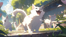 Cute Action Happy Cat ​​playing In The Park, Generative Flower Background Ai