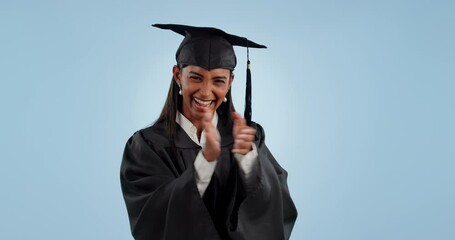 Wall Mural - Happy woman, graduation and applause in celebration, winning or success against blue studio background. Portrait of excited female person, student or graduate clapping in congratulations on mockup