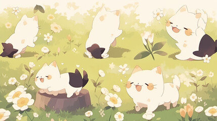 Wall Mural - cute action happy cat ​​playing in the park, generative flower background ai