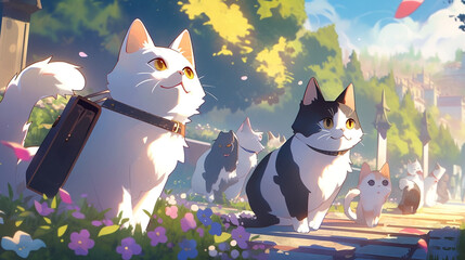 Wall Mural - cute action happy cat ​​playing in the park, generative flower background ai