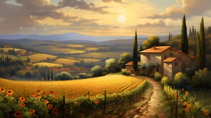 Wall Mural - Panoramic view of Tuscany landscape with sunflowers