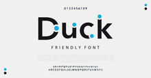 Duck Modern Alphabet. Dropped Stunning Font, Type For Futuristic Logo, Headline, Creative Lettering And Maxi Typography. Minimal Style Letters With Yellow Spot. Vector Typographic Design