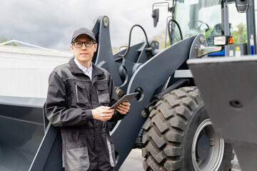 Poster - Serviceman with digital tablet on a background of the tractor.