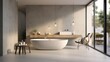  a large white bath tub sitting next to a sink in a bathroom.  generative ai