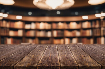 Beautiful natural wooden table with library background