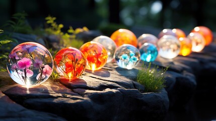 Wall Mural -  a row of glass balls sitting on top of a rock.  generative ai